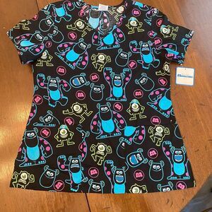 Disney Monsters‎ Scrub Top Womens Size Small Sully and Mike Short Sleeve V-Neck